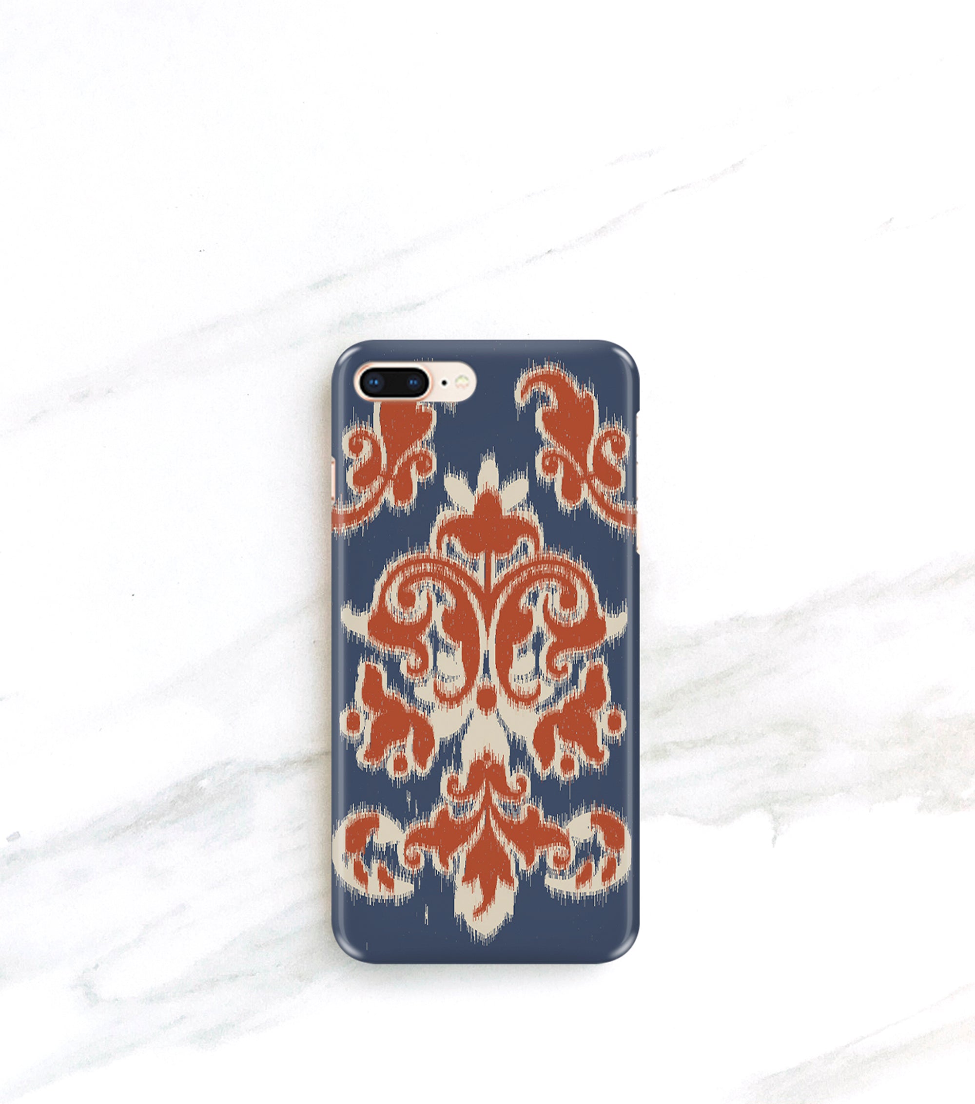 Casual cool iPhone xs case in Ikat print, blue, tan and rust red