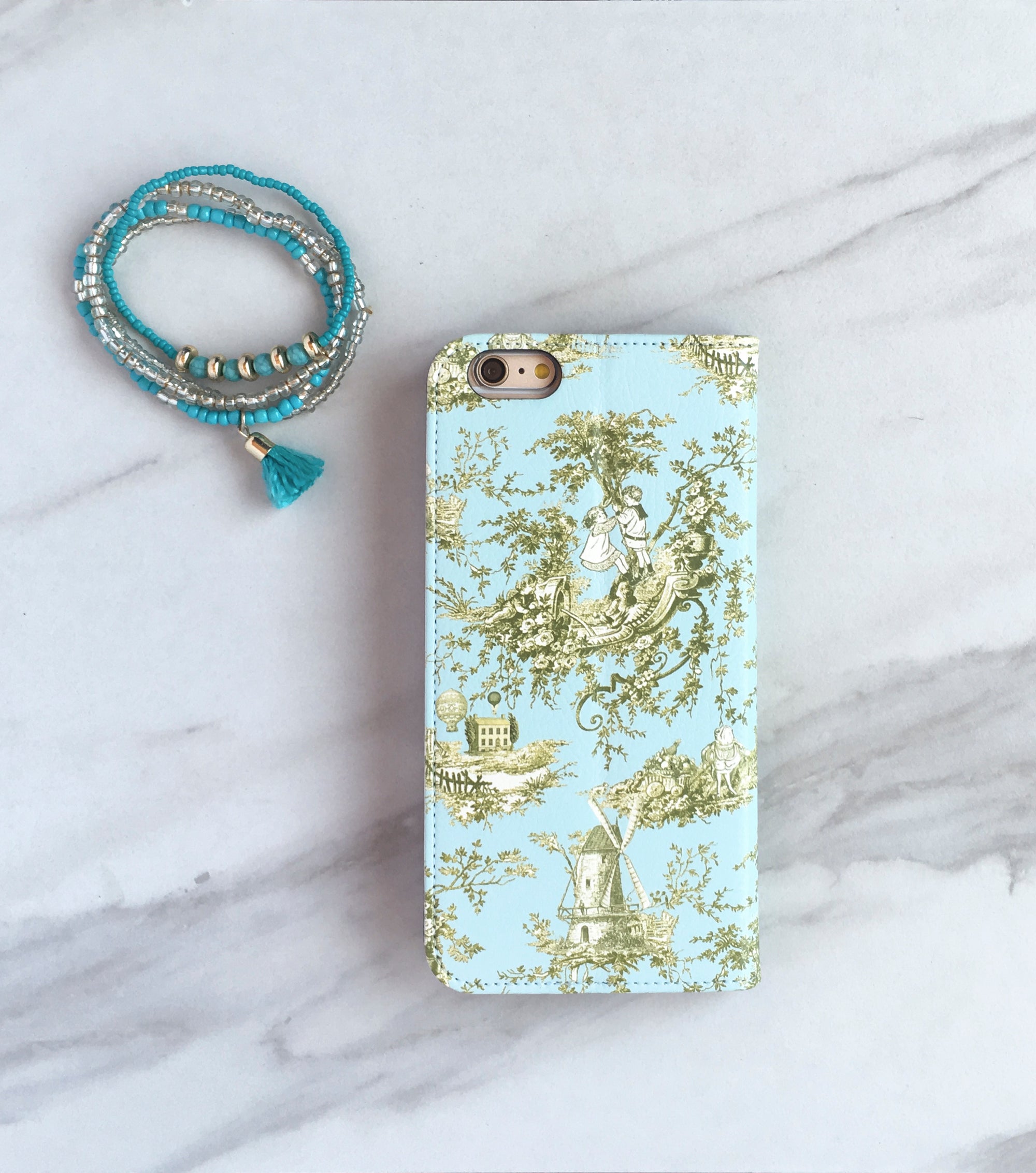 French Country Toile Wallet case for iPhone with strap
