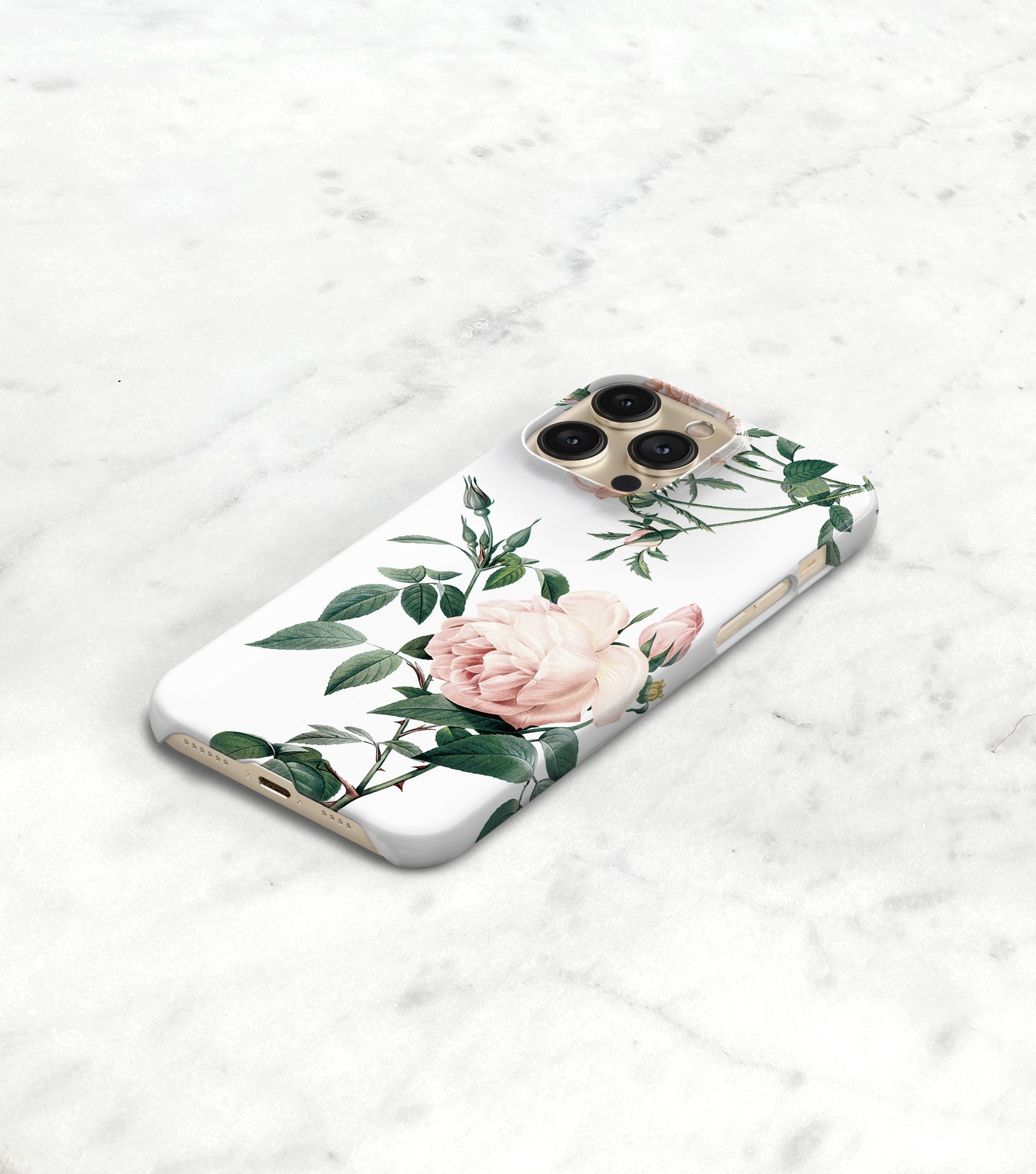A white phone case with a floral design featuring pink roses and green leaves.