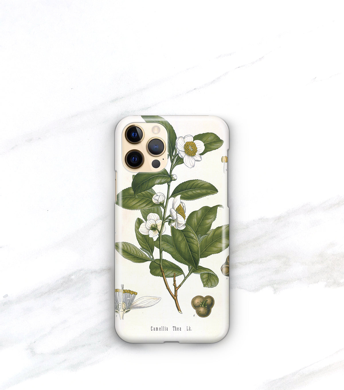 a white phone case with a botanical illustration of a plant, including leaves, flowers, and a branch.