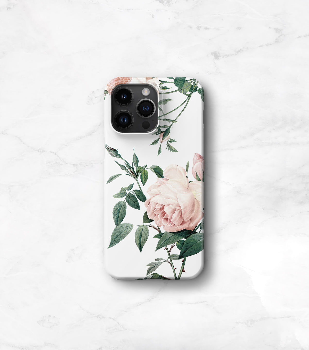 A white phone case with a floral design featuring pink roses and green leaves.