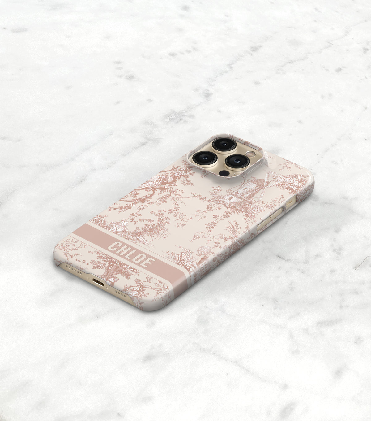 A smartphone case with a floral pattern and the name &quot; Chloe&quot; printed on it, placed on a white marble surface.
