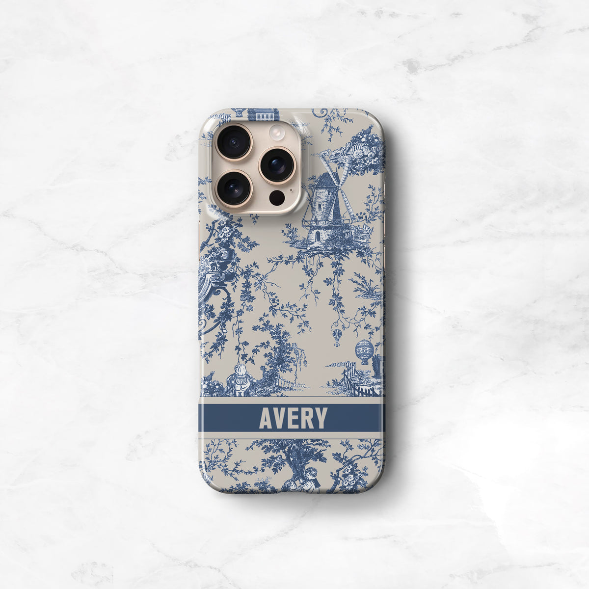 a phone case with a blue and white pattern on it