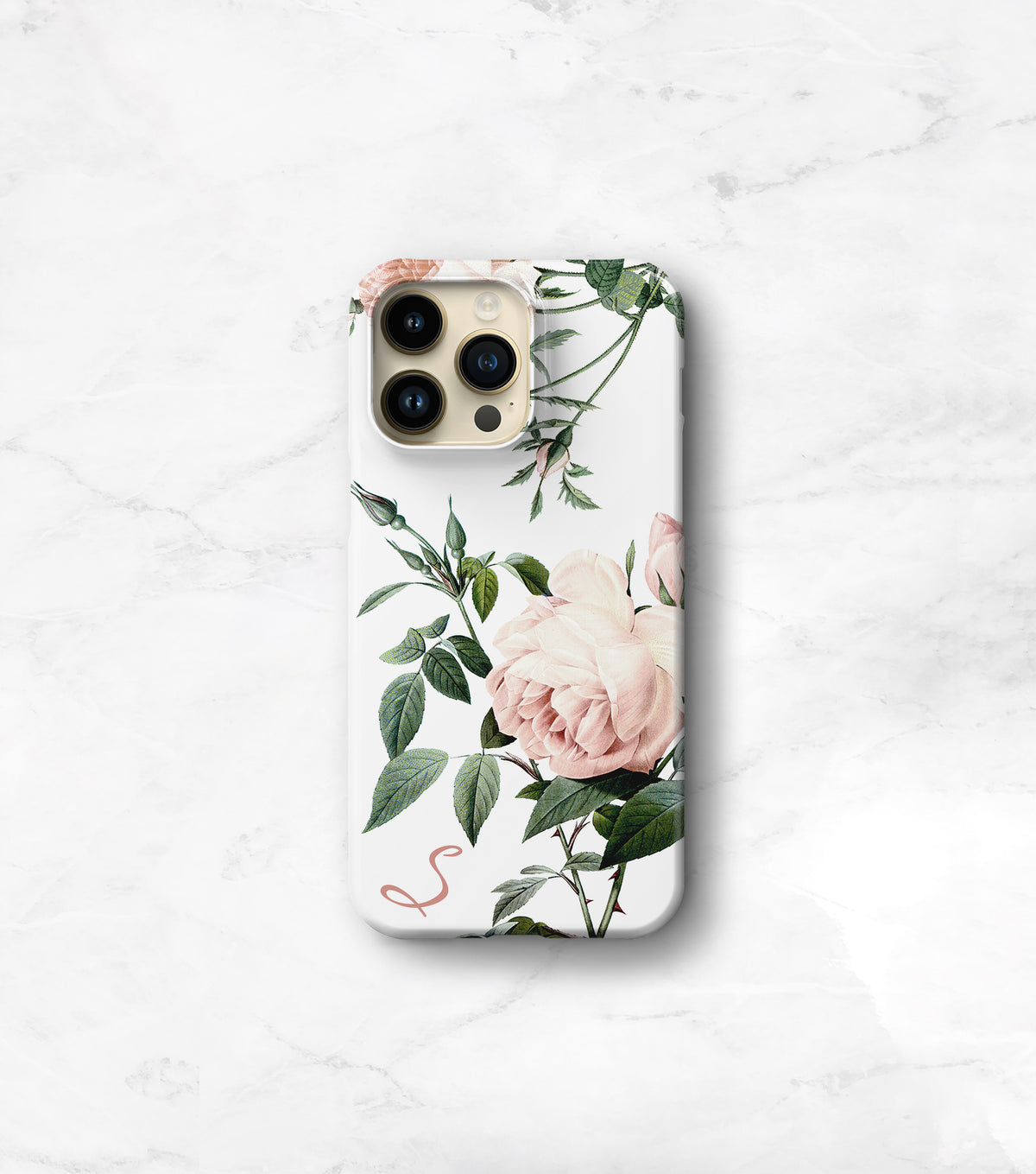 A white phone case with a floral design featuring pink roses and green leaves.