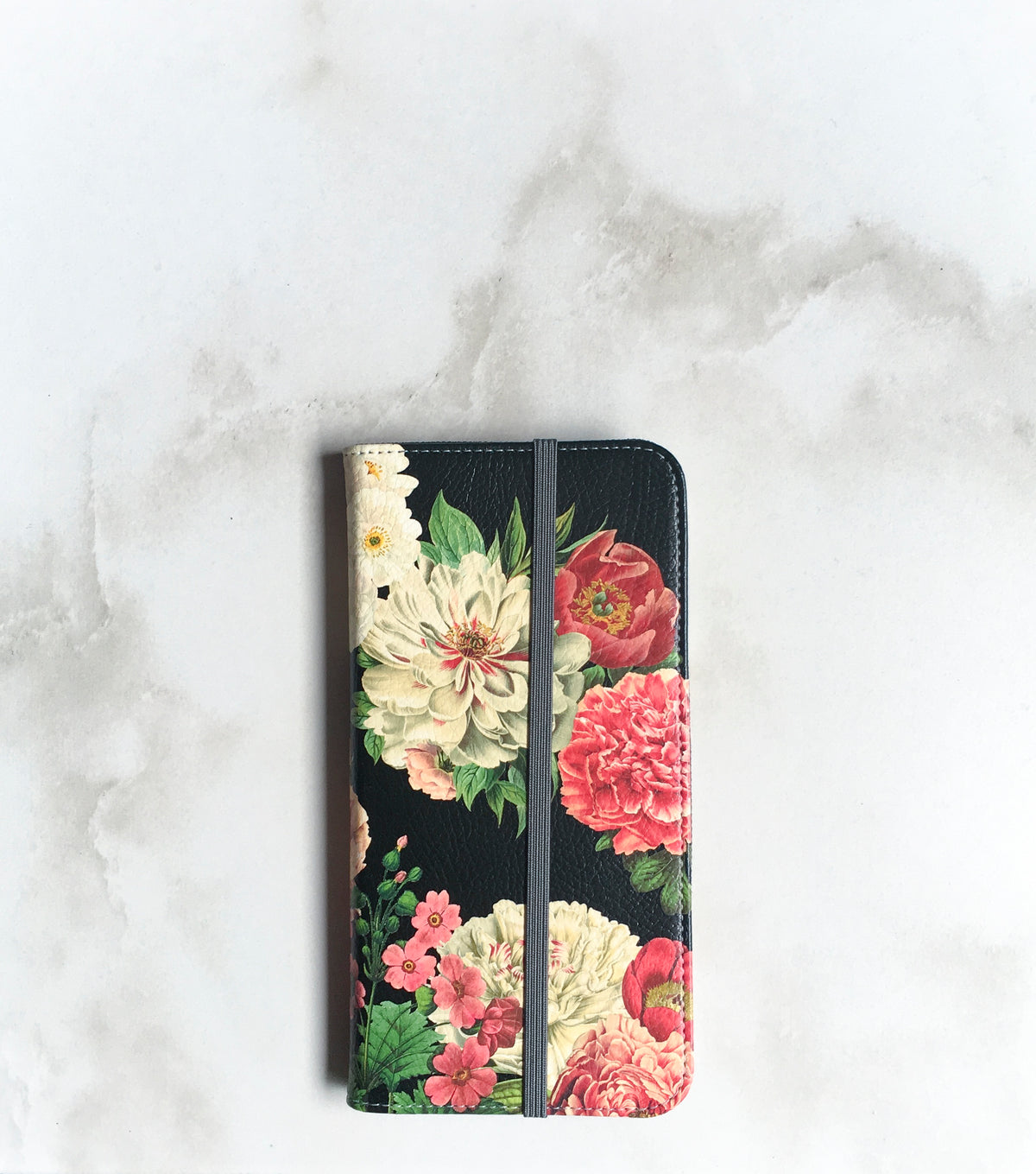 Floral Bunch Wallet case on black with strap