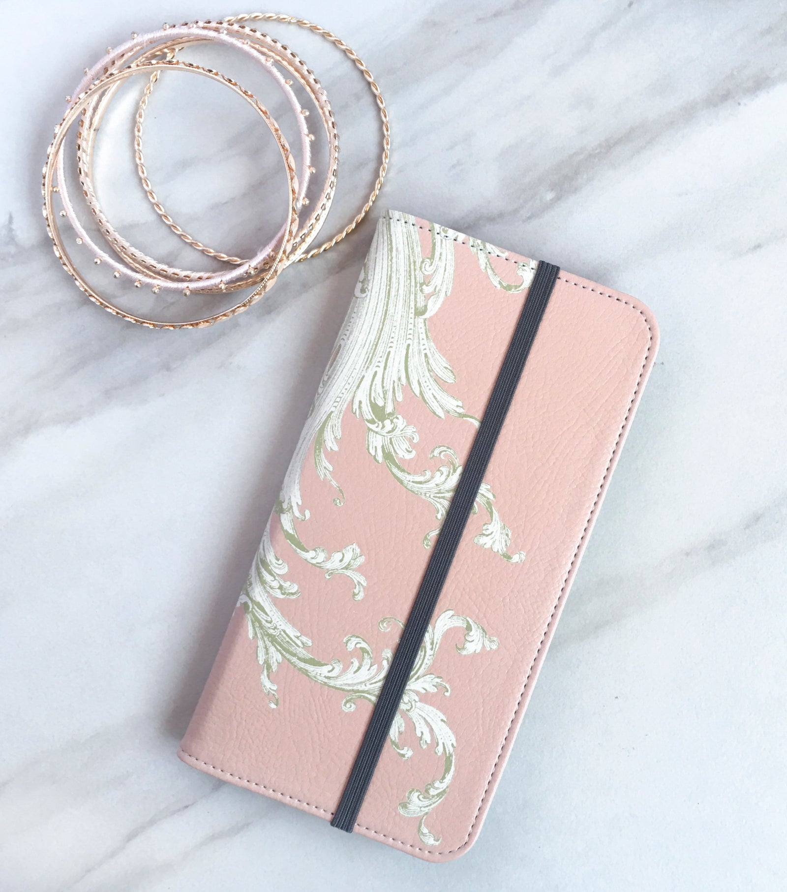 Pink Flourish Wallet case for iPhone with accessories