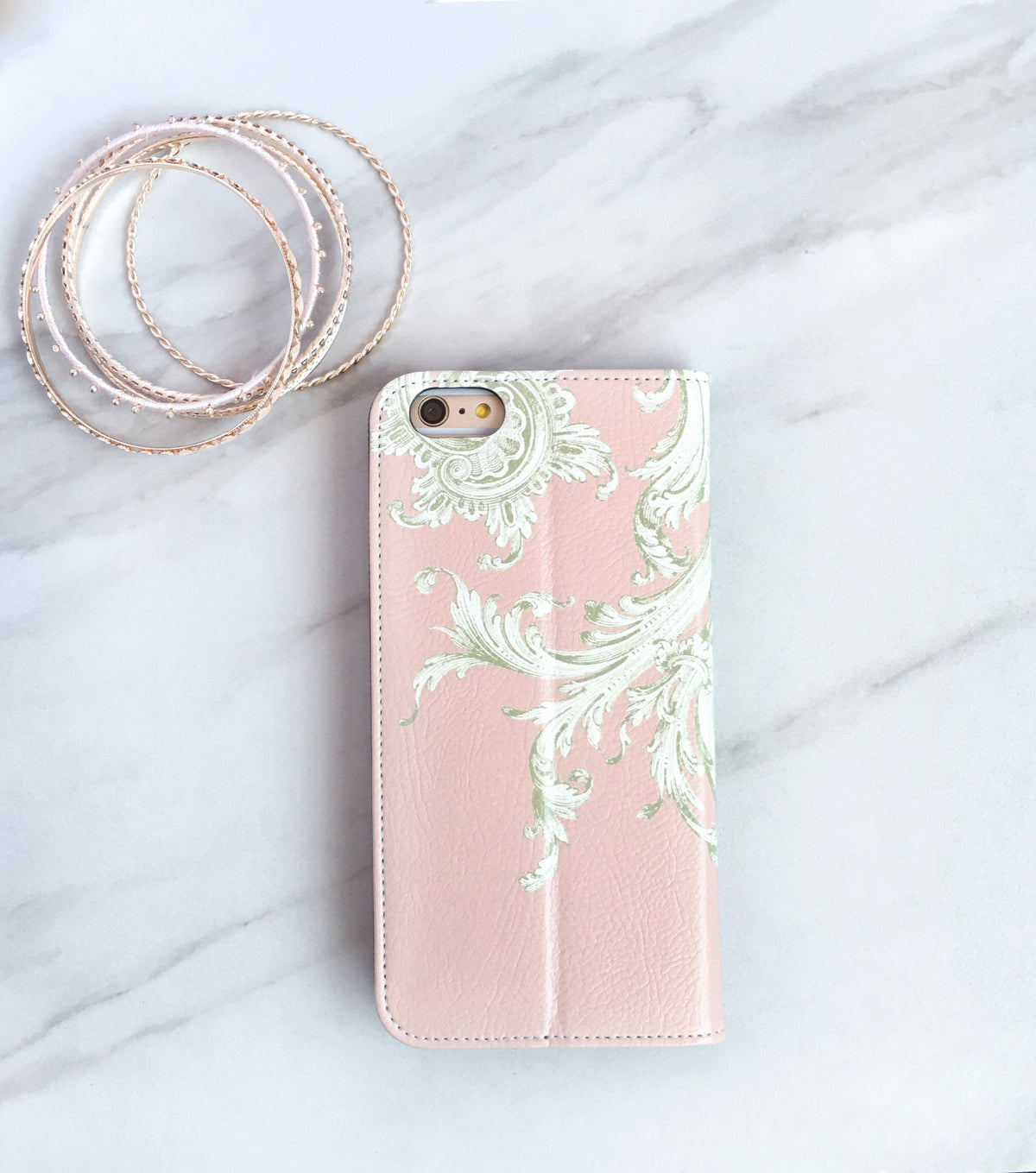 Pink Flourish Wallet case for iPhone with accessories