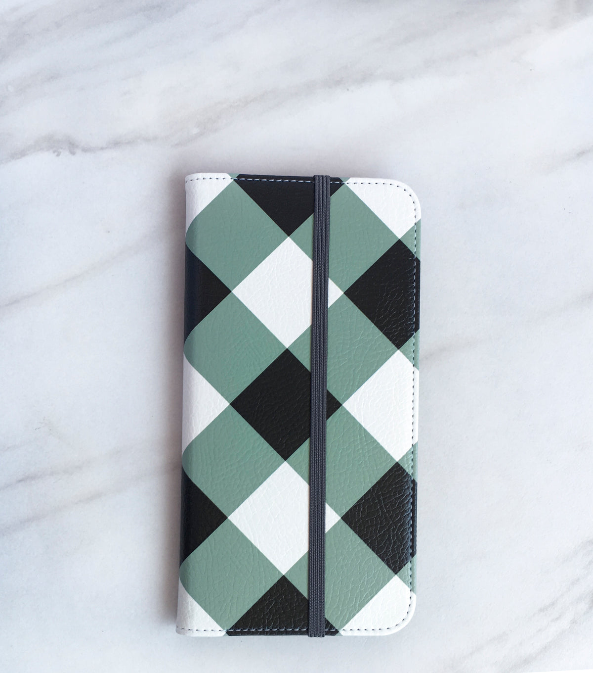 Wide Gray Gingham Wallet case for iPhone with strap