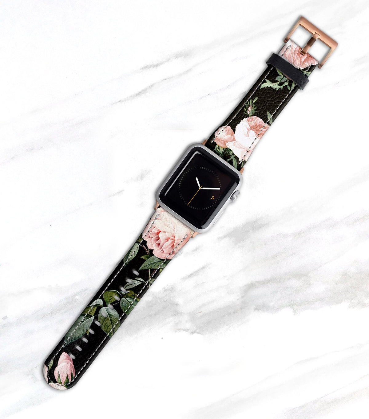 Rose Print on Black Apple Watch Band