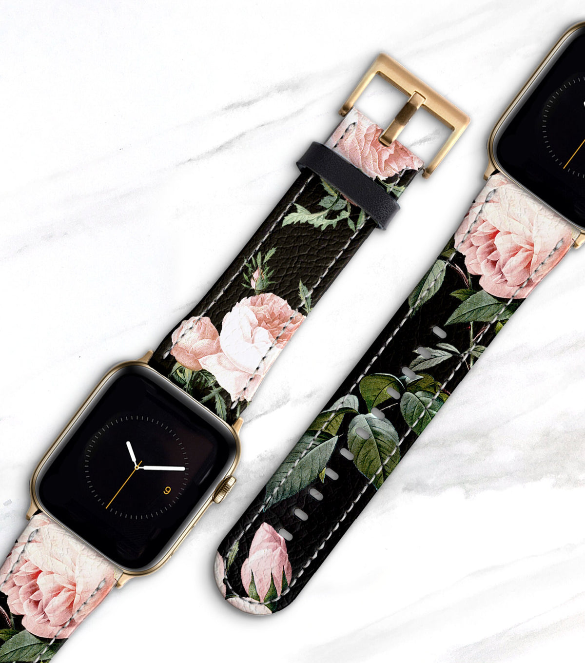 Rose Print on Black Apple Watch Band