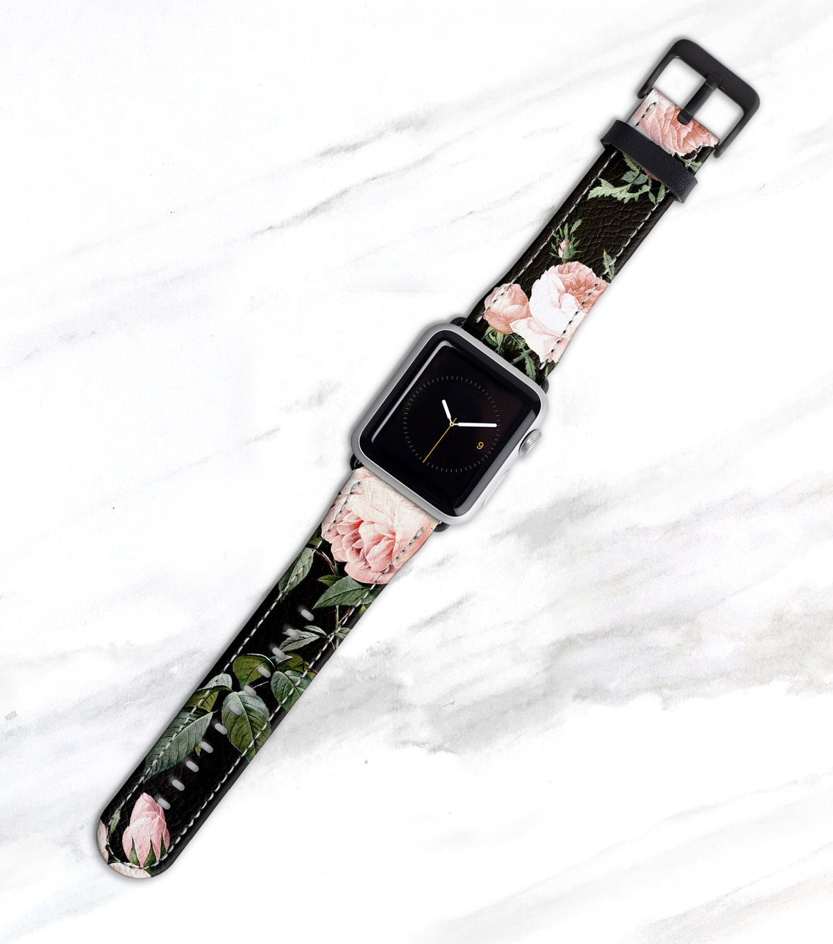 Rose Print on Black Apple Watch Band