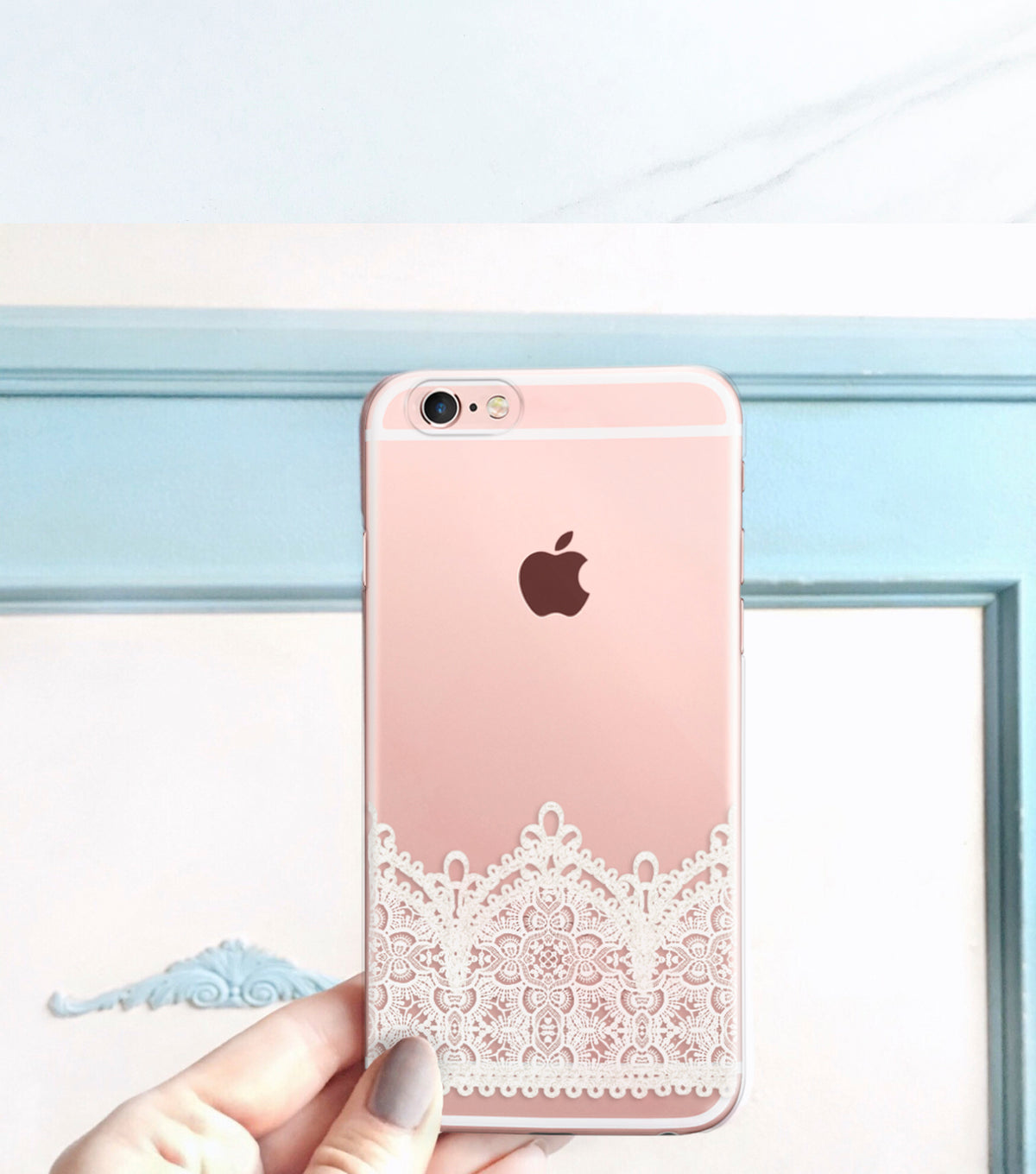 Lace Clear Case over a rose gold iPhone