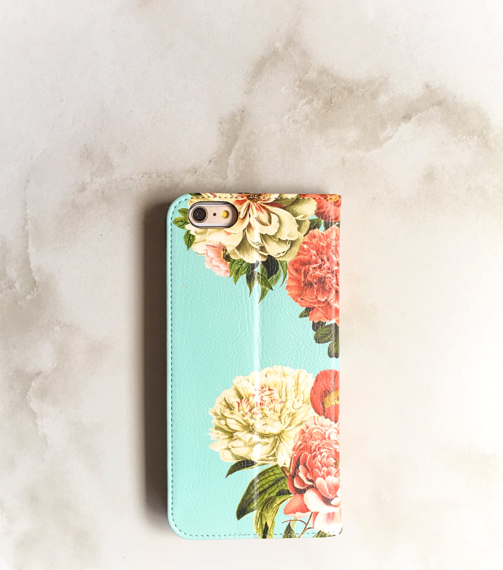 Peony Bunch Blue wallet case for iPhone front and back