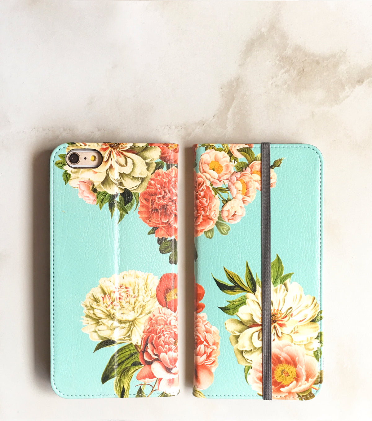 Peony Bunch Blue wallet case for iPhone front and back