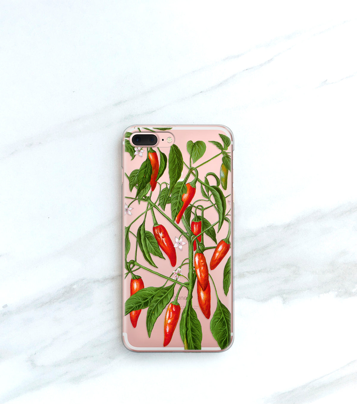 Hot Peppers Clear case over a rose gold iPhone