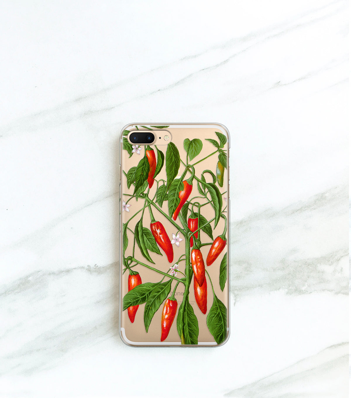 Hot Peppers Clear case over a gold iPhone