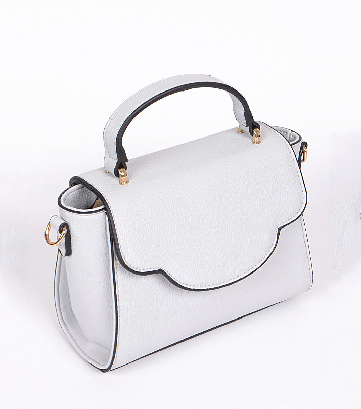 Gray cross-body bag with gold hardware