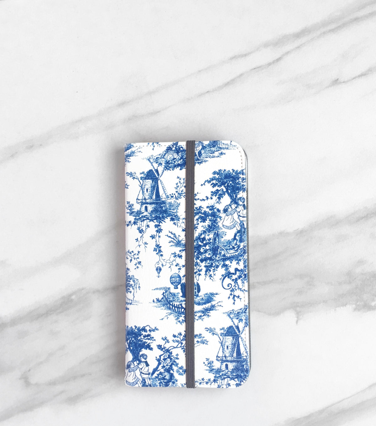 Blue Toile Wallet case for iPhone with strap