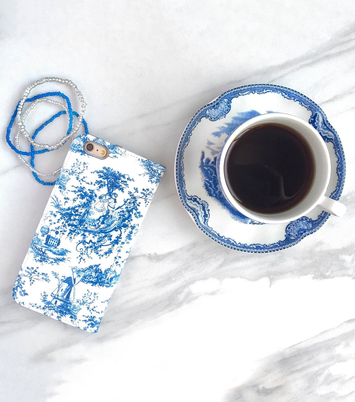 Blue Toile Wallet case for iPhone with coffee